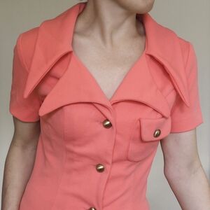 60s Vintage Double Dagger Collar Dress Lou-Ette Coral Above Knee Gogo Mod Twiggy